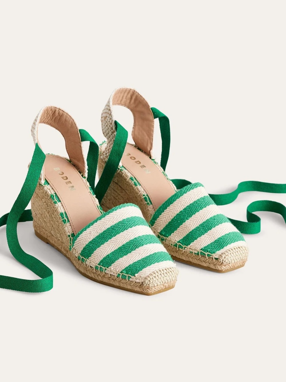 Boden Green and Cream Striped Espadrille Wedge with Ankle Tie - Picture 2 of 3